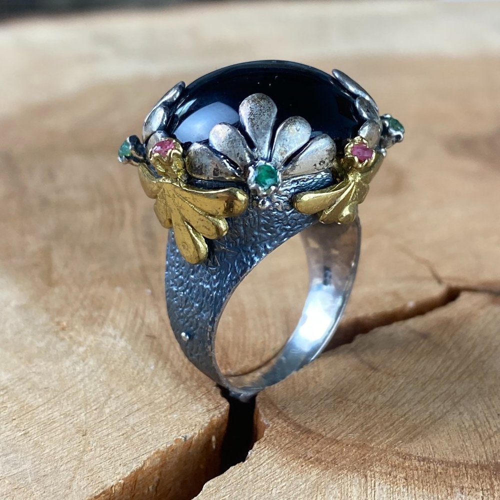 Handmade Authentic Sterling Silver Ring with Black Onyx Cubic Zirconia Diamonds